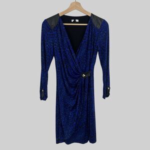 Cache Slinky Dress Small Royal Blue Leopard Jersey Bodycon Gold Hardware Y2K 80s